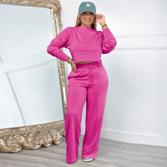 Conjunto deportivo informal de sudadera y pantalones de color liso para mujer