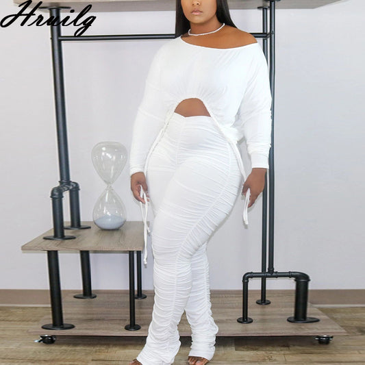 Conjunto de dos piezas de ropa informal para mujer, con top corto de manga larga y pantalones largos fruncidos, color liso