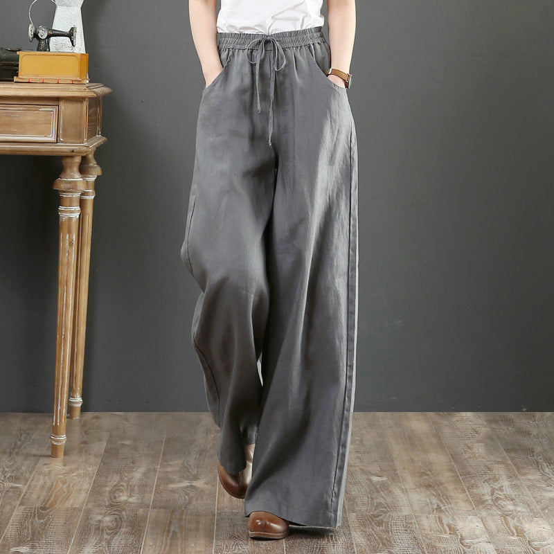Women Fashion Casual Solid Color Cotton Linen High Waist Wide Leg Pants