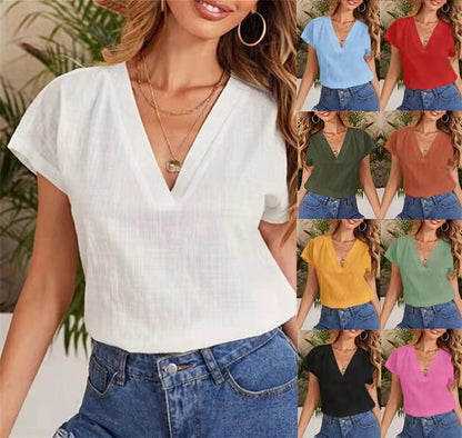 Blusa informal de verano para mujer, de color liso, holgada, de manga corta y cuello en V