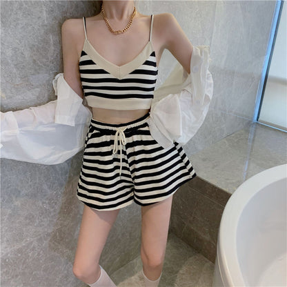 Conjunto informal de dos piezas para mujer, de verano, a rayas, sin mangas, con bloques de color, top corto y pantalones cortos con cordón en la cintura