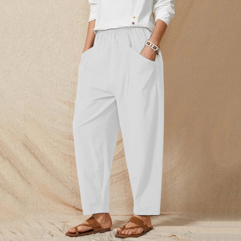 Women Solid Color Casual Stitching Loose Harem Elastic Waist Pants