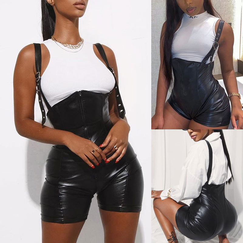 Women Leather Casual Waist Hip Raise Pu Leather Bibs Shorts