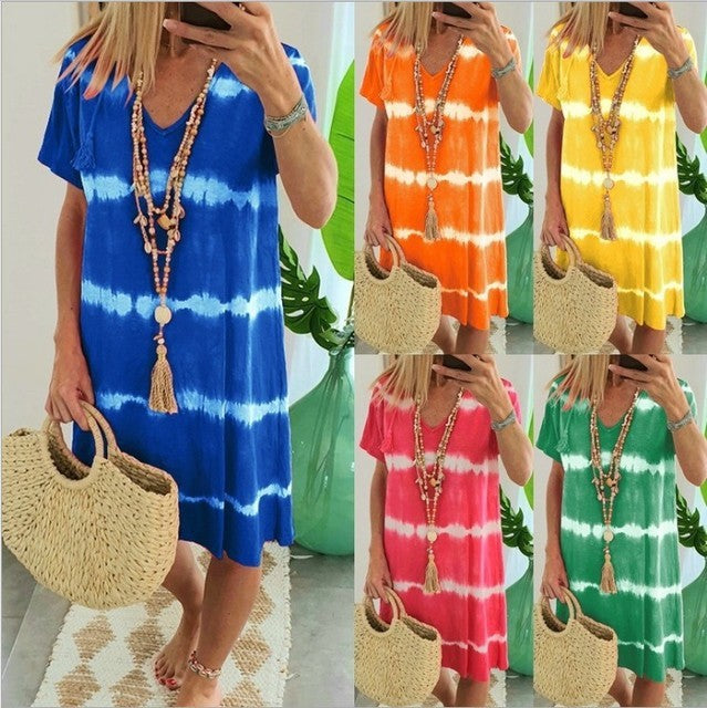 Women Fashion Casual Tie-Dye Print Short-Sleeved Loose Dress