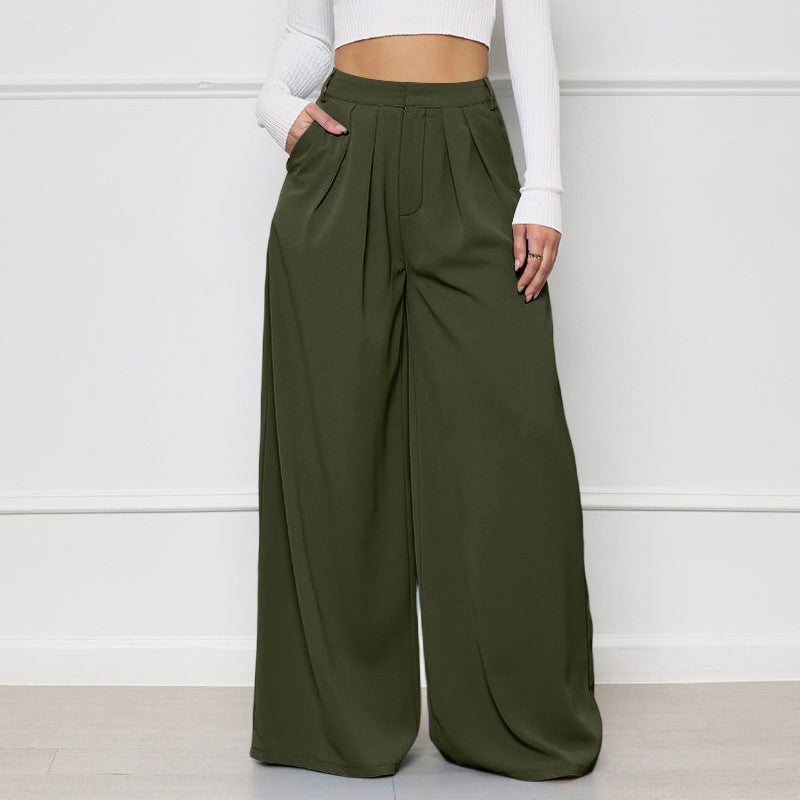 Women Solid Color High Waist Loose Casual Fashion Wide Leg Pants
