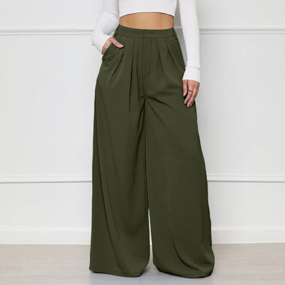 Women Solid Color High Waist Loose Casual Fashion Wide Leg Pants
