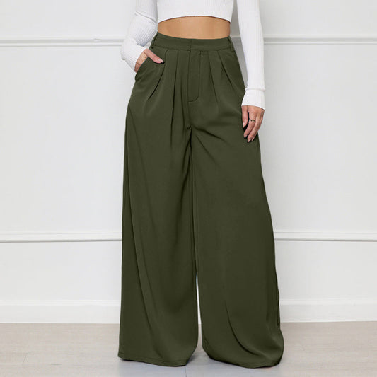 Pantalones anchos informales holgados de cintura alta de color liso para mujer