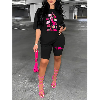 Fashion Casual Women Heart Letter Print Short Sleeve T-Shirt And Shorts Set