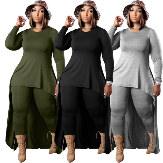 Conjunto de dos piezas formado por top y pantalón de manga larga, informal, talla grande, color liso, irregular, para mujer
