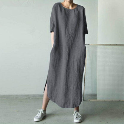 Women Casual Round Neck Half Sleeve Solid Color Cotton Linen Side-Slit Maxi Dress