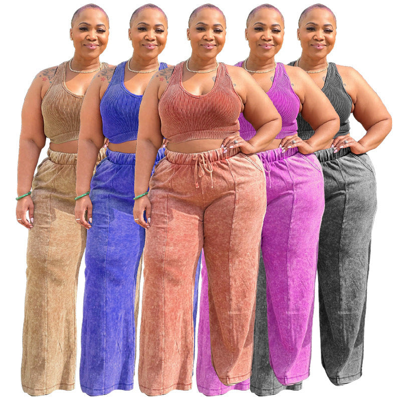 Casual Fashion Plus Size Women Athleisure Solid Color Crop Top And Pants Set