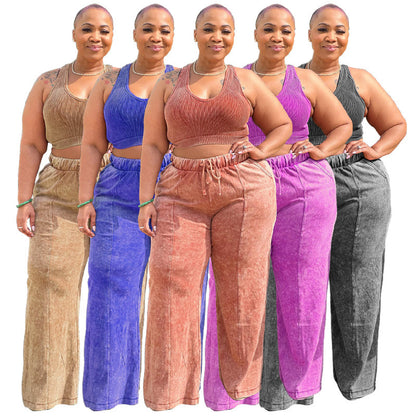 Casual Fashion Plus Size Women Athleisure Solid Color Crop Top And Pants Set