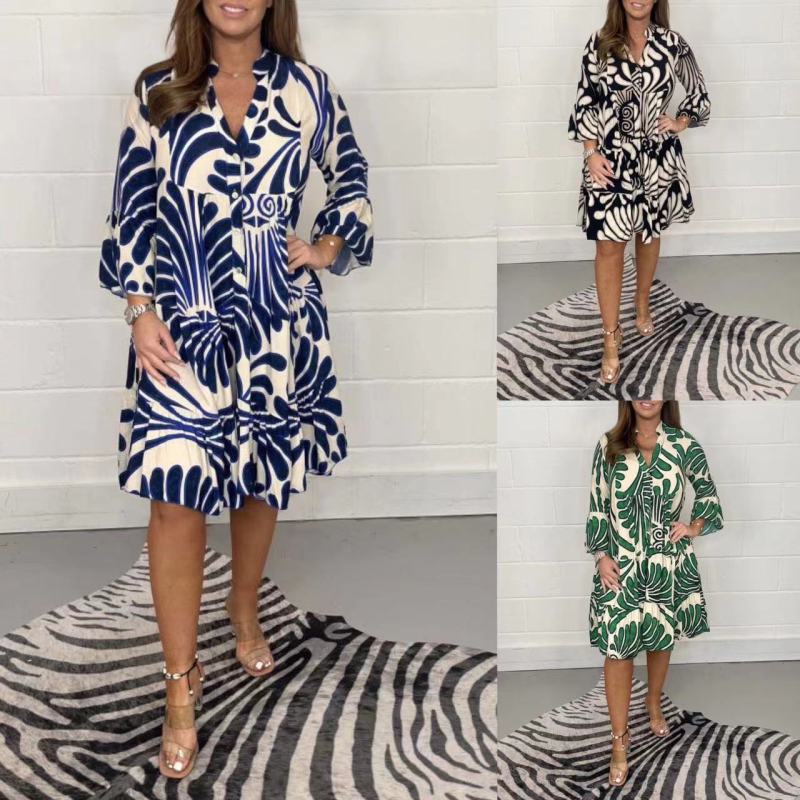 Casual Boho Women Graphic Print V Neck Loose Shirt Dress