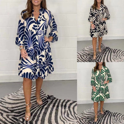 Casual Boho Women Graphic Print V Neck Loose Shirt Dress