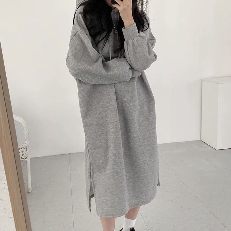 Autumn And Winter Women'S Casual Loose Solid Color Thickened Over-The-Knee Hoodies