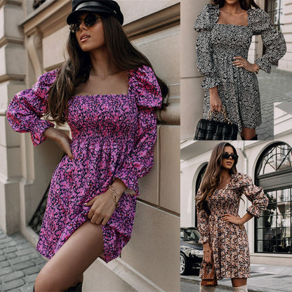 Women Casual Long-Sleeved Square-Neck Elegant Puff Sleeve Floral Dress