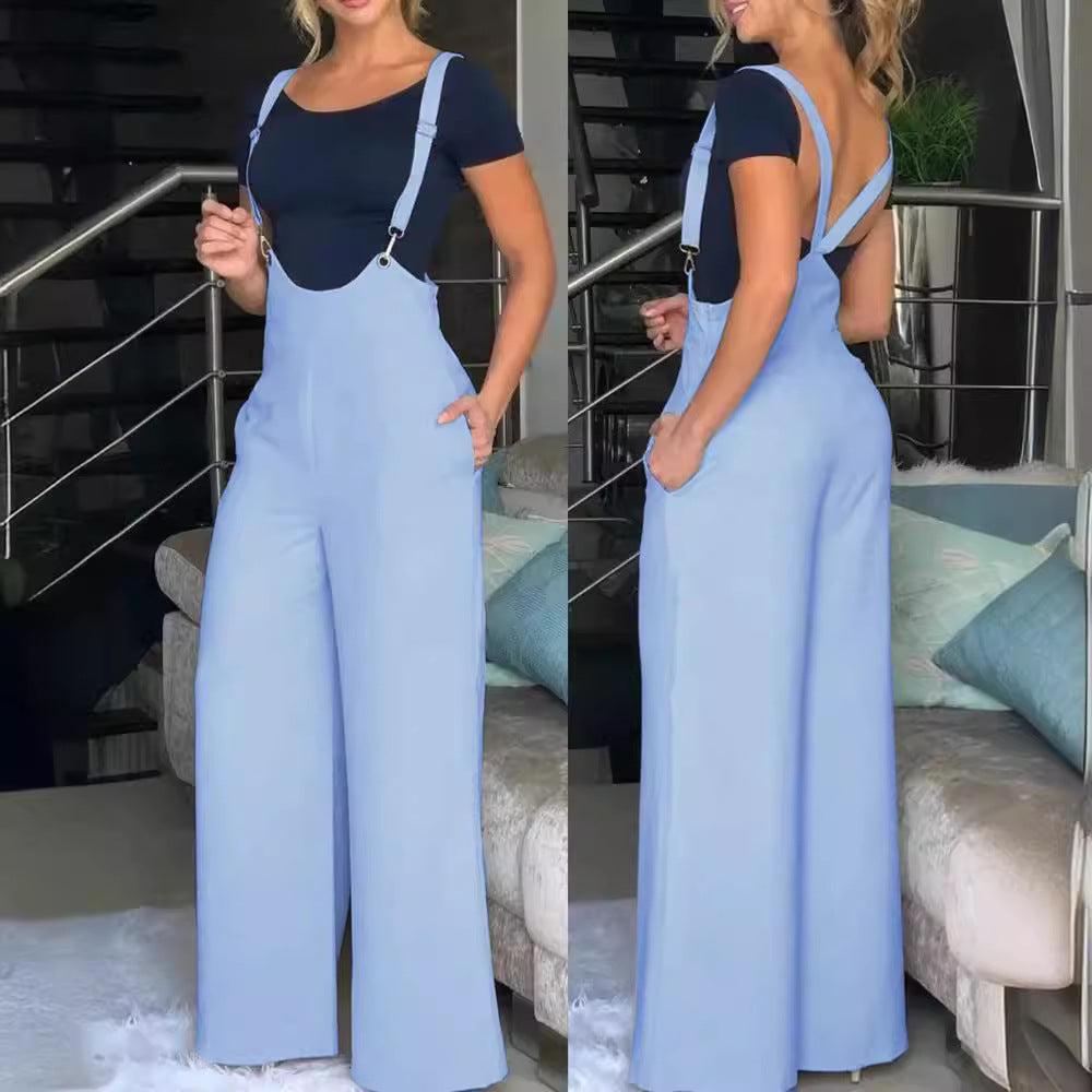 Women Fashion Casual Solid Color Loose Strap Pants