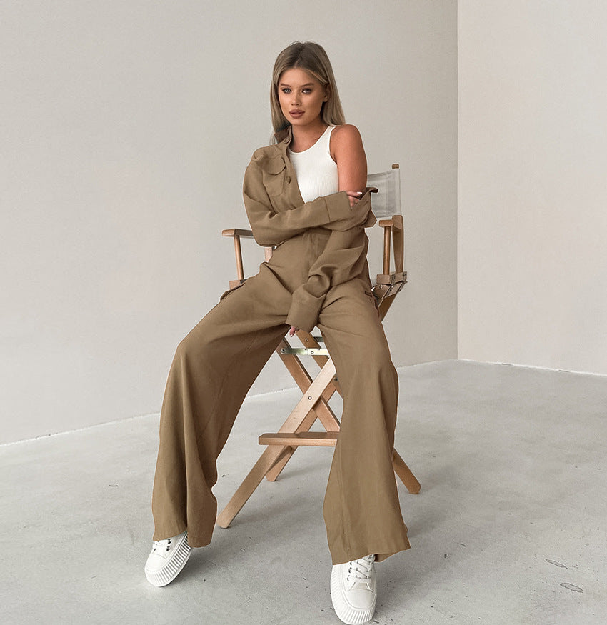 Women Fashion Casual Solid Color Lapel Long Sleeve Cargo Jumpsuits