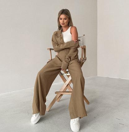 Women Fashion Casual Solid Color Lapel Long Sleeve Cargo Jumpsuits