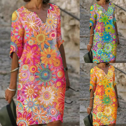 Vestido informal de manga corta con cuello en V y estampado de flores multicolor para mujer