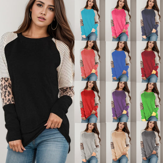 Camiseta informal de manga larga con cuello redondo y rayas de leopardo para mujer de otoño