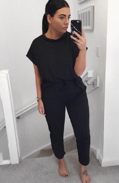 Conjunto de top y pantalón de manga corta con cuello redondo y color liso informal para mujer