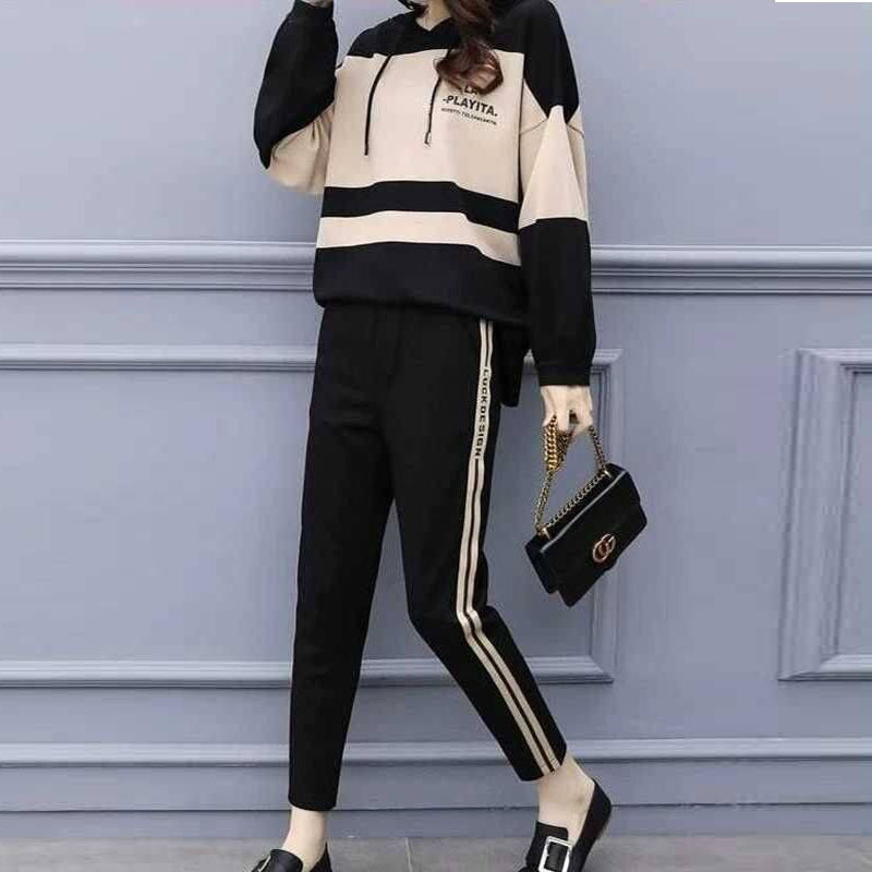 Women Fashion Casual Loose Color Blocking Drawstring Hoodies Slim-Fit Pants 2pcs Set