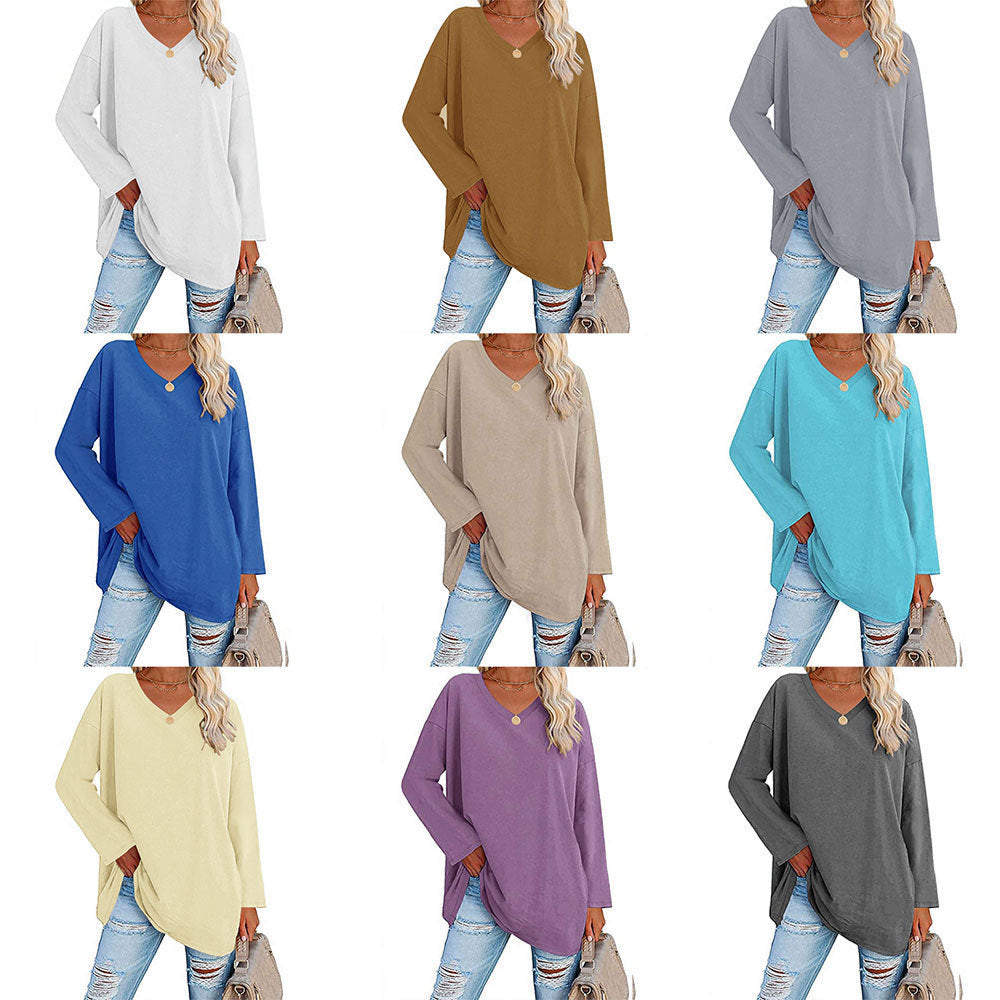 Camiseta informal de manga larga con cuello en V y color liso para mujer