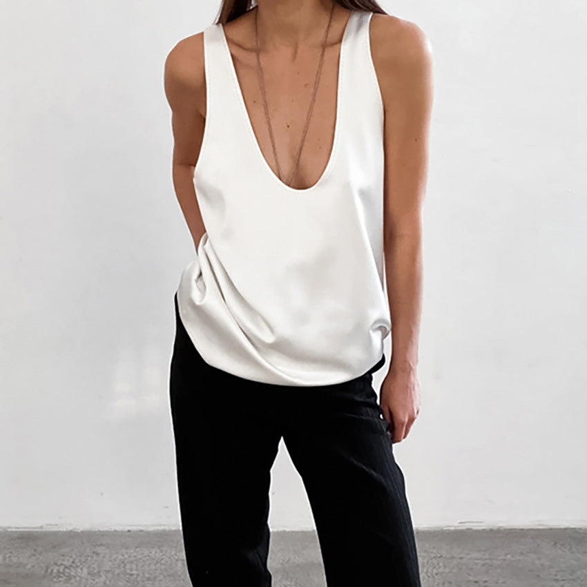Camiseta sin mangas informal de color liso con cuello en U para mujer