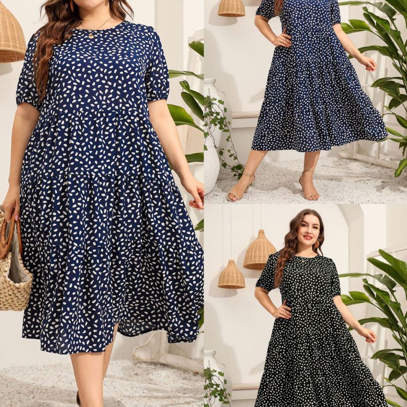 Women Fashion Casual Dot Print Round Neck Loose Plus Size Dress
