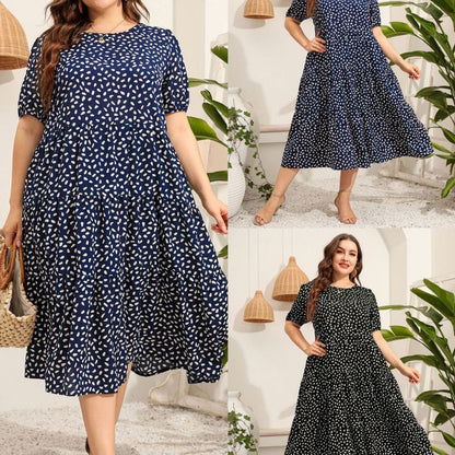 Women Fashion Casual Dot Print Round Neck Loose Plus Size Dress