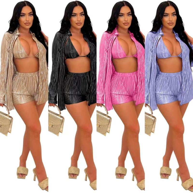 Conjunto de tres piezas para mujer, con top y pantalones cortos sexys, informales, a la moda, de color liso