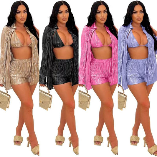 Conjunto de tres piezas para mujer, con top y pantalones cortos sexys, informales, a la moda, de color liso