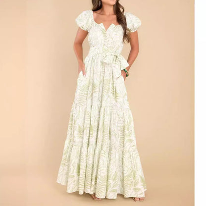 Women Casual Fashion Printed Puff Sleeve Maxi Dress