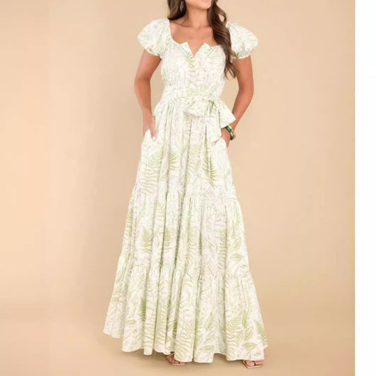 Women Casual Fashion Printed Puff Sleeve Maxi Dress