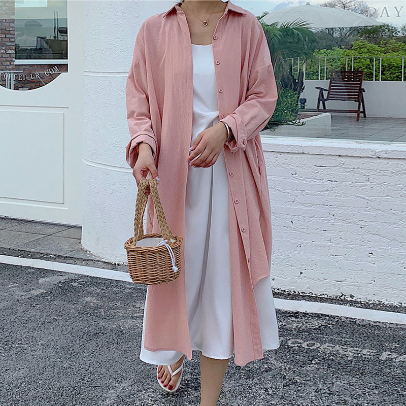 Women Casual Cozy Style Simple Ultra-Long Shirt Solid Color Lapel Cardigan Long Blouse