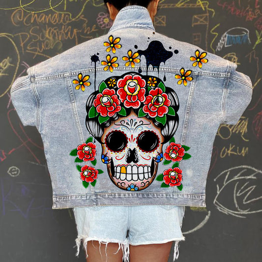 Chaqueta vaquera informal de manga larga con estampado gráfico y botonadura sencilla para mujer