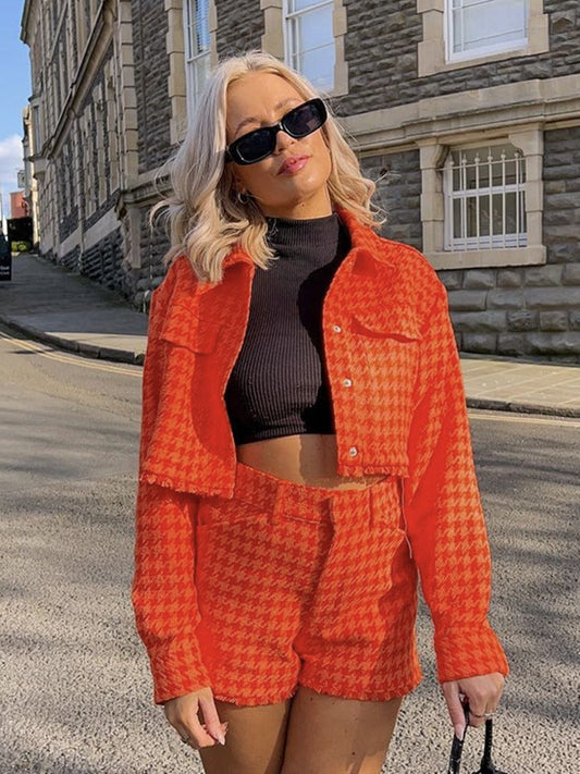 Chaqueta corta de tweed naranja para mujer, abrigo acolchado con botones y cintura alta, pantalones cortos informales de cintura alta para niñas.