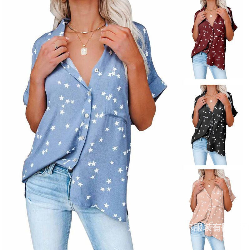 Summer Casual Women Star Print V-Neck Bat Short Sleeve Shirt Blouse