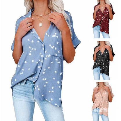 Summer Casual Women Star Print V-Neck Bat Short Sleeve Shirt Blouse