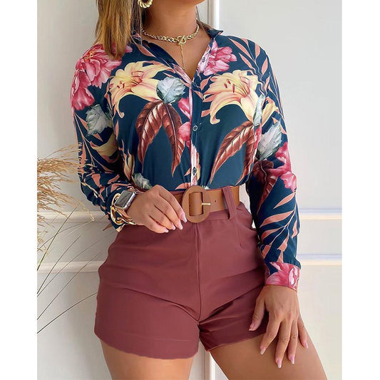 Conjunto de dos piezas de camiseta y pantalones cortos con cuello alto, estampados y manga larga para mujer