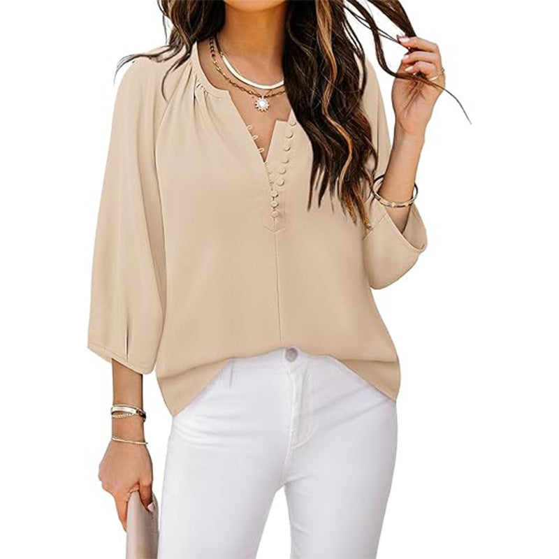 Blusa informal de gasa de color liso con cuello en V y manga larga para mujer