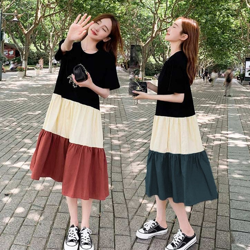 Women'S Fashion Casual Color Blocking Stitching Short Sleeve Loose Dress