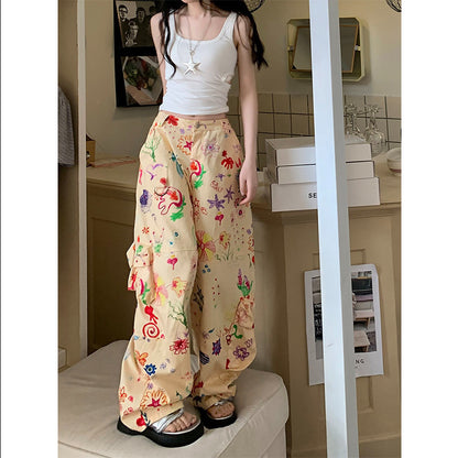 Women Graffiti Flower Print Casual Overalls Summer High Waist Loose Cargo Pants