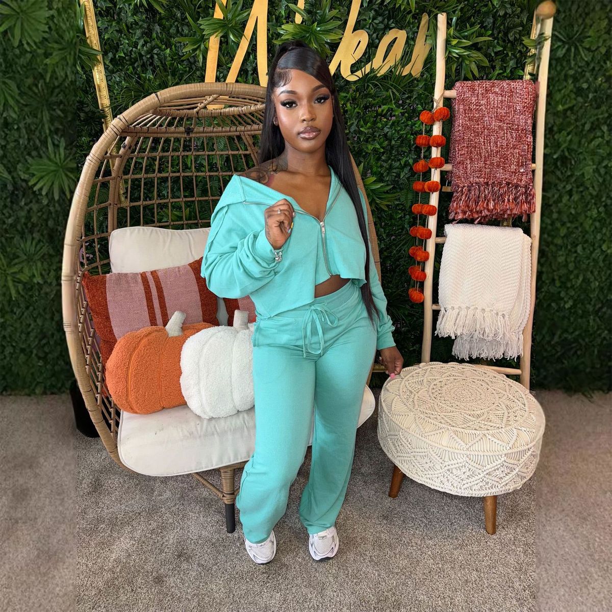 Women Fashion Casual Solid Color Long Sleeve Zipper Hoodies Drawstring Pants Two-Piece Set