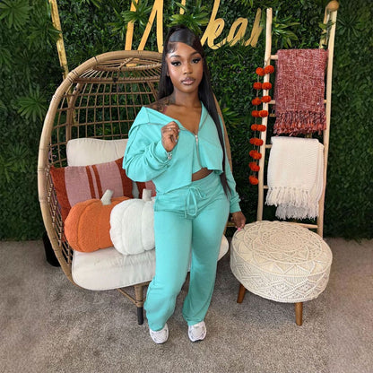 Women Fashion Casual Solid Color Long Sleeve Zipper Hoodies Drawstring Pants Two-Piece Set