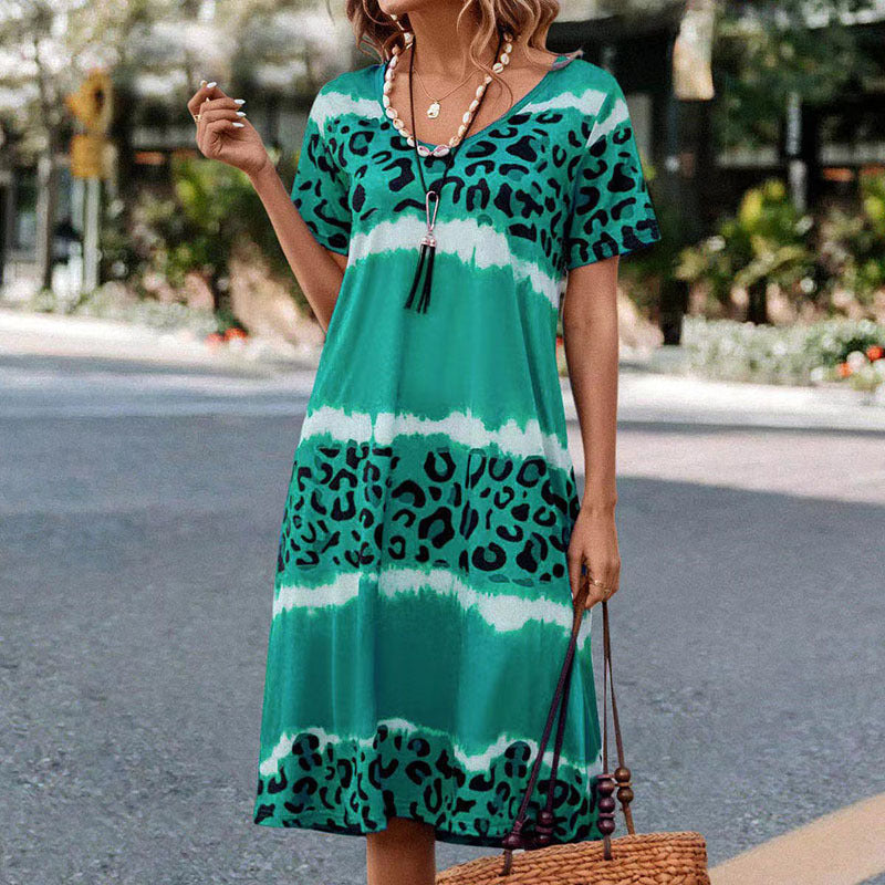 Vestido holgado informal de manga corta con cuello en V y estampado de leopardo para mujer