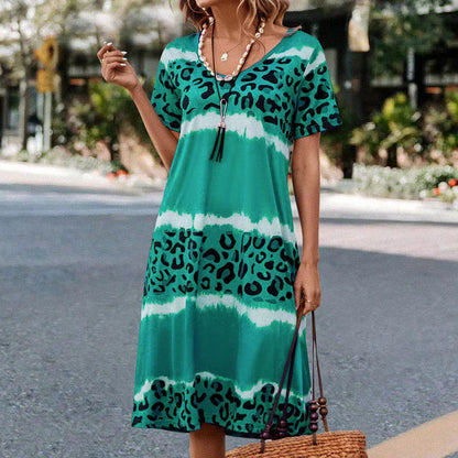 Vestido holgado informal de manga corta con cuello en V y estampado de leopardo para mujer
