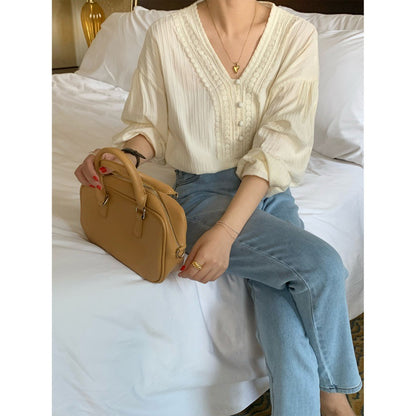 Blusa informal elegante de encaje con cuello en V y manga larga para mujer
