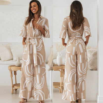 Mono holgado informal de moda para mujer con estampado geométrico, solapa, media manga y cinturón